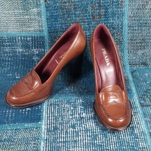 Prada 4" Heeled Brown Leather Penny Loafers 36.5